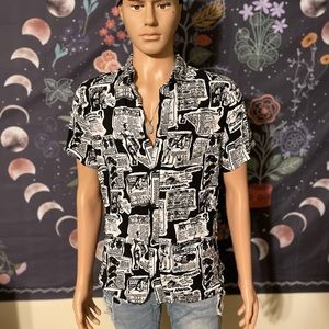 Empyre newspaper collage style button down short sleeve shirt
